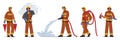 Set Fire Fighters Male Characters in Uniform Holding Buckets, Save Dog and Axe, Spraying Water from Hose. Firemen Team