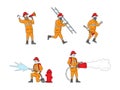 Set of Fire Fighters Male Characters in Uniform Holding Ladder, Spraying Water from Hose. Group of Firemen Working