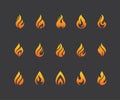 Set of fire flame icons and logo isolated on black background.