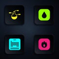 Set Fire flame, Test tube and flask, Periodic table and Water drop. Black square button. Vector