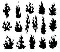 Set fire flames. Cartoon collection of abstract monochrome fires. Flaming illustration. Comic dangerous flame fires Royalty Free Stock Photo