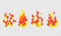 Set fire flames. Cartoon collection of abstract stylized fires. Flaming illustration. Comic dangerous flame fires