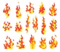 Set fire flames. Cartoon collection of abstract stylized fires. Flaming illustration. Comic dangerous flame fires