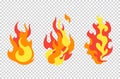 Set fire flames. Cartoon collection of abstract stylized fires. Flaming illustration. Comic dangerous flame fires
