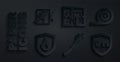 Set Fire hose reel, protection shield, Emergency call 911, Evacuation plan and exit icon. Vector Royalty Free Stock Photo