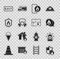 Set Fire protection shield, Flasher siren, Telephone call 911, Phone with emergency, Gas mask, exit and Evacuation plan Royalty Free Stock Photo