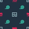 Set Fire truck, Evacuation plan and hose reel on seamless pattern. Vector Royalty Free Stock Photo