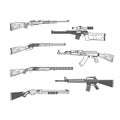 Set of firearms, shotgun, m16 rifle and hunt handgun, guns and weapons in graphic style