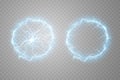 Set of fireballs on a transparent light blue background. Vector illustration, abstract electric lightning. Light flash Royalty Free Stock Photo