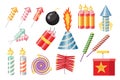 Set of Firecrackers, Pyrotechnics and Fireworks. Rocket and Flapper with Bomb, Burning Firework for Birthday Party