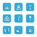 Set Firefighter axe, exit, alarm system, shovel, Megaphone, flame in triangle, Flashlight and gloves icon. Vector Royalty Free Stock Photo