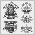 Set of firefighter emblems, labels and design elements.