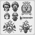 Set of firefighter emblems, labels and design elements.