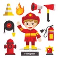 Set of Firefighter with Fire safety equipments. Royalty Free Stock Photo