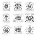 Set of firefighter in monochrome style logos, emblems, labels and badges.