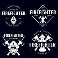Set of firefighter volunteer, rescue team emblems, labels, badges and logos in monochrome style