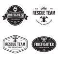 Set of firefighter volunteer, rescue team emblems, labels, badges and logos in monochrome style