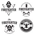 Set of firefighter volunteer, rescue team emblems, labels, badges and logos in monochrome style