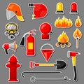 Set of firefighting stickers. Fire protection equipment