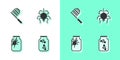 Set Fireflies Bugs In A Jar, Butterfly Net, Spider And Icon. Vector