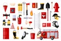 Set of fireman on white background. fire fighting vehicle and hydrant, helmet, hose, extinguisher, ladder, gas mask. Flat style Royalty Free Stock Photo