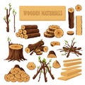 Set Of Firewood Materials For Lumber Industry Isolated On White Background. Collection Of Wood Logs Stubs Tree Trunk
