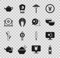 Set Firework, China flag, Chinese tea ceremony, Japanese umbrella from the sun, Fish steak, Gong, and icon. Vector