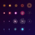 Set of fireworks bursting in sky. Collection of festive bright colored flashing lights. Bundle of celebratory design