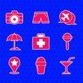 Set First aid kit, Ice cream in waffle cone, Martini glass, Lollipop, Map pointer with star, Sun protective umbrella for