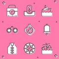 Set First aid kit, Location with anchor, Cruise ship, Binoculars, Compass, Ship bell, Life jacket and Wind rose icon Royalty Free Stock Photo