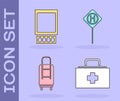 Set First aid kit, Open matchbox and matches, Suitcase and Parking icon. Vector Royalty Free Stock Photo