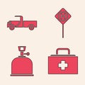 Set First aid kit, Pickup truck, Parking and Camping gas stove icon. Vector Royalty Free Stock Photo