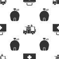 Set First aid kit, Rv Camping trailer and Canteen water bottle on seamless pattern. Vector Royalty Free Stock Photo