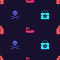 Set First aid kit, Skull on crossbones, Cargo ship and Life jacket on seamless pattern. Vector