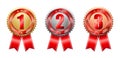 Set First Second Third Place Medal Badges Red Ribbons Royalty Free Stock Photo
