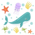 Set of stickers of cute cartoon sea animals and plants Royalty Free Stock Photo