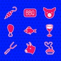 Set Fish, Cow head, Homemade pie, Wine glass, Barbecue fork, Chicken leg, Pig and Grilled shish kebab icon. Vector Royalty Free Stock Photo