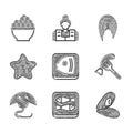 Set Fish head, Canned fish, Mussel, Served on plate, Stingray, Starfish, steak and Caviar icon. Vector