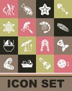 Set Fish hedgehog, tail, steak, Starfish, Served on plate, Turtle, Seaweed and Shrimp icon. Vector