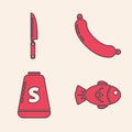 Set Fish, Knife, Sausage and Salt icon. Vector