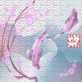 Set with fish and sakura, Koi carp on traditional Japanese background. Monochrome pastel soft pink and blue.