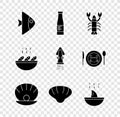 Set Fish, Sauce bottle, Lobster, Shell with pearl, Scallop sea shell, Shark fin soup, and Octopus icon. Vector