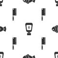 Set Fish, Sauce bottle and Meat chopper on seamless pattern. Vector