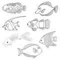 Set of Fish from the sea or river.Coloring pages for adults or children.Black and white image.A book for coloring doodles.Vector Royalty Free Stock Photo