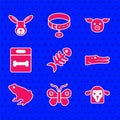 Set Fish skeleton, Butterfly, Sheep head, Crocodile, Frog, Dog bone, Pig and Rabbit icon. Vector Royalty Free Stock Photo