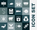 Set Fish skeleton, Goose bird, Puffer fish, Butterfly, Dog bone, Worm, Zoo park and Crocodile icon. Vector