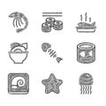 Set Fish skeleton, Starfish, Jellyfish, Canned, Octopus plate, Served bowl, and Shrimp icon. Vector