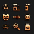 Set Fish skeleton, Veterinary clinic, Bag of food for pet, Cat tooth, Pet shampoo and Dog collar icon. Vector