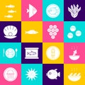 Set Fish soup, Soup with octopus, Takoyaki, Puffer fish on plate, Shell pearl, Fishes and Caviar icon. Vector