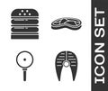 Set Fish steak, Burger, Frying pan and Steak meat icon. Vector